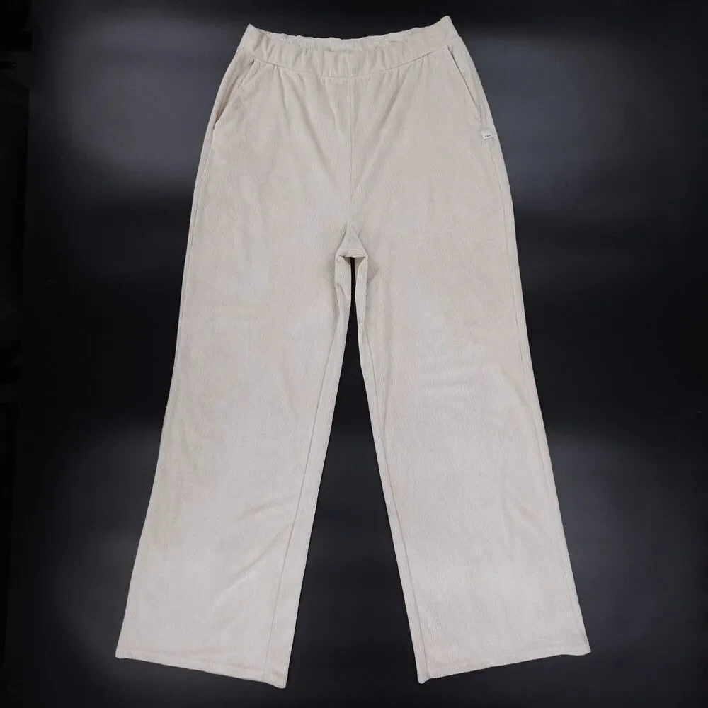 VUORI Haven Wide Leg Ribbed Knit Pant Suede Beige Athleisure Lounge Clean Girl - Picture 1 of 10
